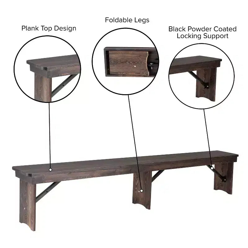 Emma and Oliver 8' x 12 Antique Rustic Solid Pine Folding Farm Bench - Portable Bench