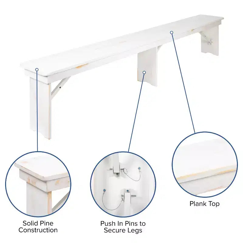 Emma and Oliver 8' x 12 Antique Rustic Solid Pine Folding Farm Bench - Portable Bench