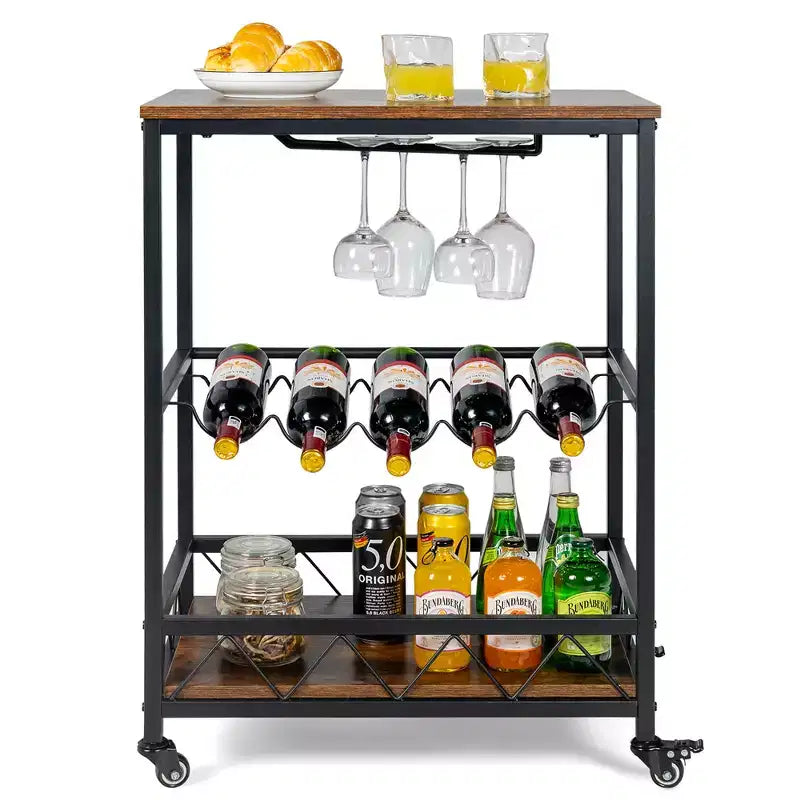 Costway Kitchen Cart Serving Trolley on Wheels w/ Wine Rack Glass Holder