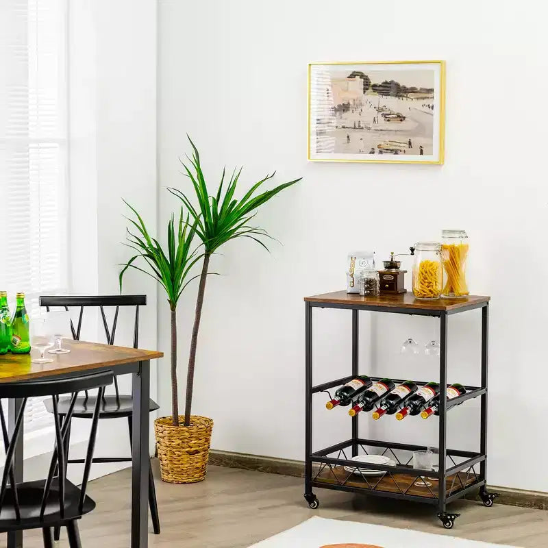 Costway Kitchen Cart Serving Trolley on Wheels w/ Wine Rack Glass Holder