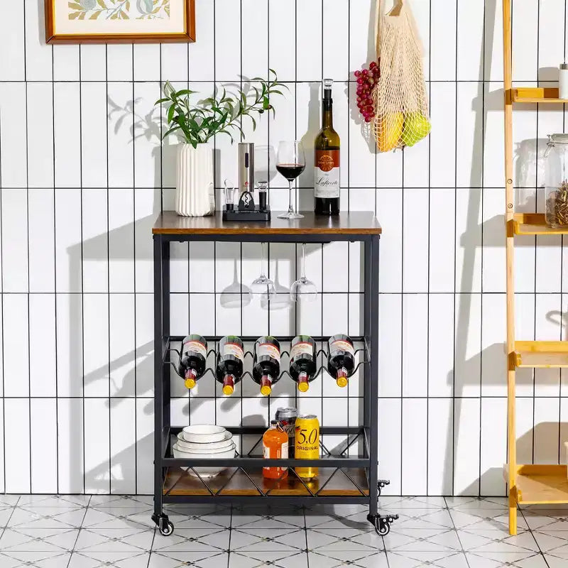 Costway Kitchen Cart Serving Trolley on Wheels w/ Wine Rack Glass Holder