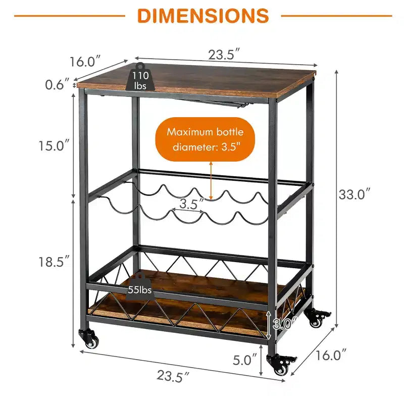 Costway Kitchen Cart Serving Trolley on Wheels w/ Wine Rack Glass Holder