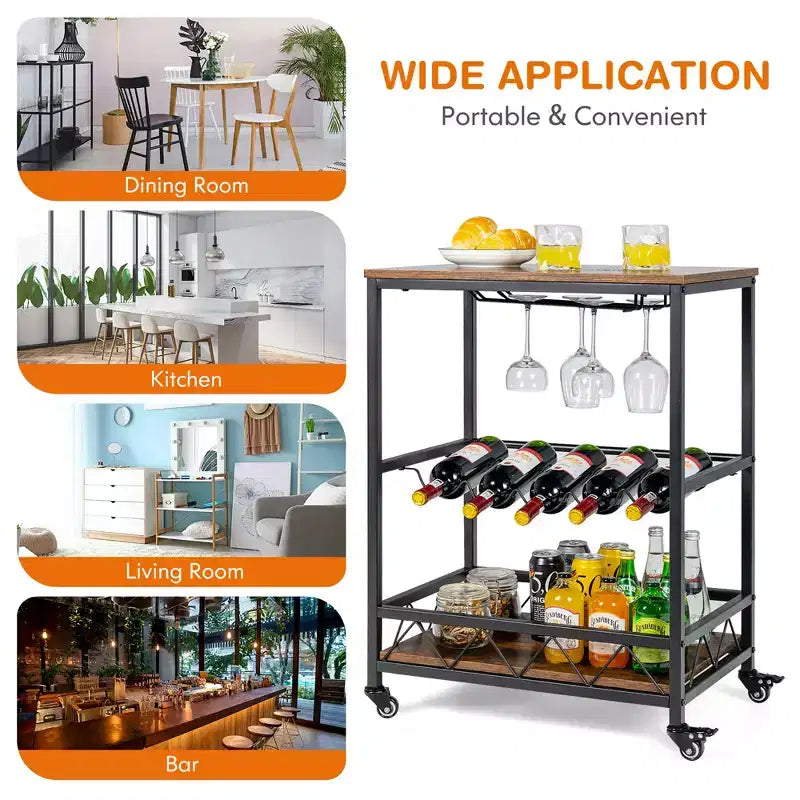 Costway Kitchen Cart Serving Trolley on Wheels w/ Wine Rack Glass Holder