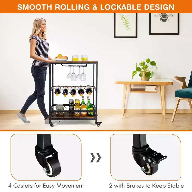 Costway Kitchen Cart Serving Trolley on Wheels w/ Wine Rack Glass Holder