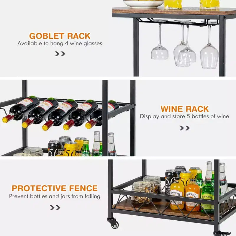Costway Kitchen Cart Serving Trolley on Wheels w/ Wine Rack Glass Holder
