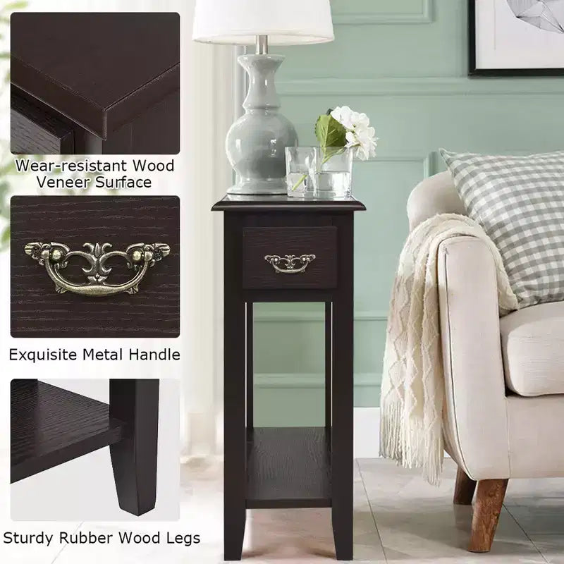 Costway Set of 2 Nightstand 2 Tier End Bedside Sofa Side Table w/Drawer &Shelf Espresso