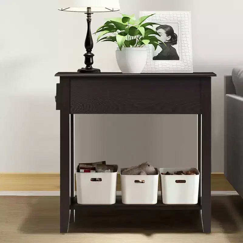 Costway Set of 2 Nightstand 2 Tier End Bedside Sofa Side Table w/Drawer &Shelf Espresso