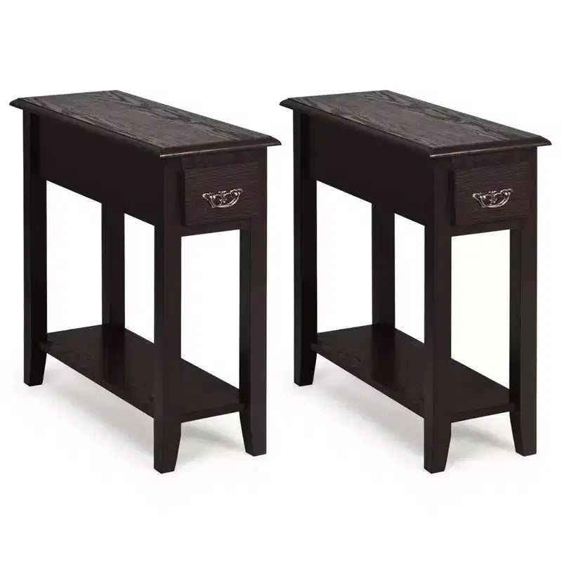 Costway Set of 2 Nightstand 2 Tier End Bedside Sofa Side Table w/Drawer &Shelf Espresso
