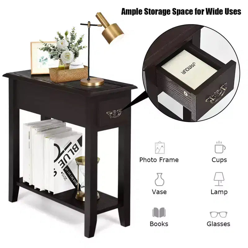 Costway Set of 2 Nightstand 2 Tier End Bedside Sofa Side Table w/Drawer &Shelf Espresso