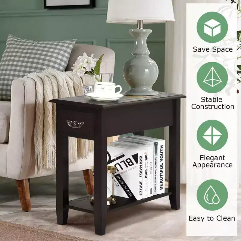 Costway Set of 2 Nightstand 2 Tier End Bedside Sofa Side Table w/Drawer &Shelf Espresso